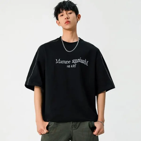 Men's Summer Half Sleeve T-Shirt Solid Pattern Cotton High Street Textured Embroidery Color-Block Stitching Broken Letter Design