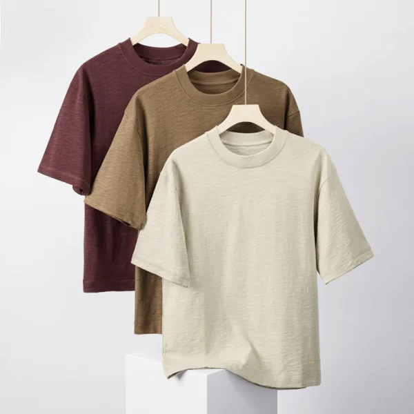 Men's Fashion Heavyweight Slub Cotton Short Sleeve T-Shirt Loose Fit Summer Solid Color 100% Cotton 300 GSM - Image 2