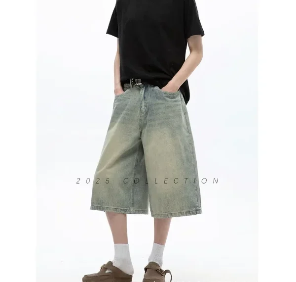 MDQ Men's Cropped Denim Shorts 100% Cotton American Retro Vintage Button Mid Loose Fit New Washed Print for Summer Casual