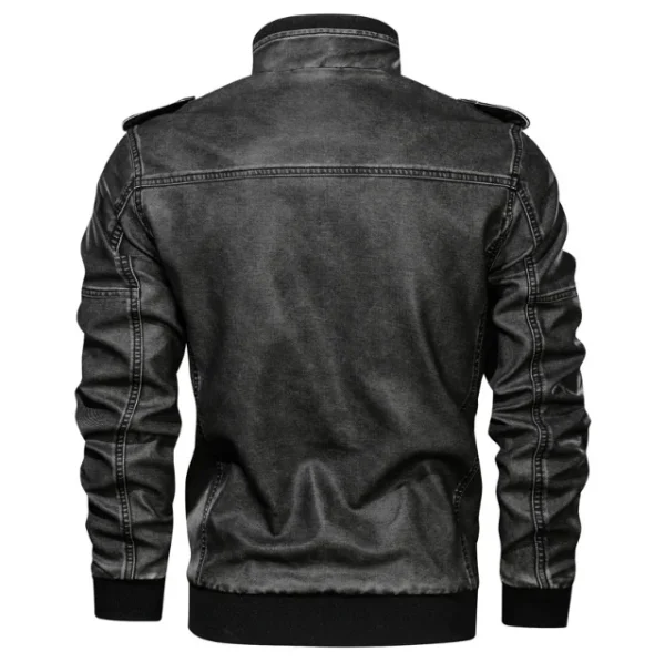 Washed Old Motorcycle Leather Jacket Men's Large Size Jacket Plain Dyed Euramerican Style Men's PU Stand 100% Polyester Knitted - Image 5