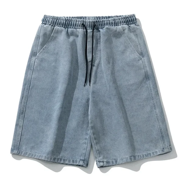 250g Collegiate Style Splicing Solid Color Simple Wash Denim Shorts Retro Suit for Men - Image 3