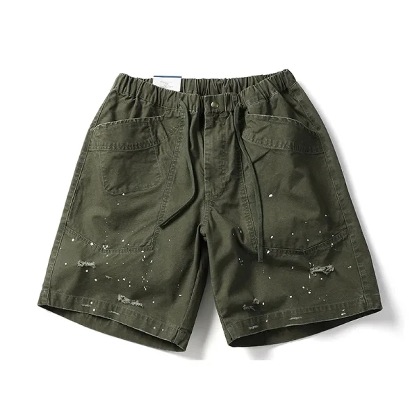 High Street Summer Cargo Shorts for Men Trendy 100% Cotton Knitted Personalized Ripped Paint Splashes Loose Casual Shorts Pants