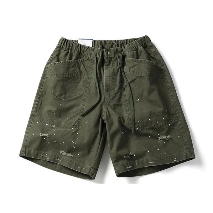High Street Summer Cargo Shorts for Men Trendy 100% Cotton Knitted Personalized Ripped Paint Splashes Loose Casual Shorts Pants