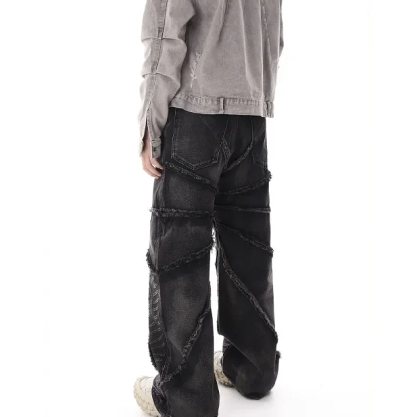 2025 New Arrivals Ruffle Wash Jeans Loose Straight Fringe Baggy Denim Long Black JeansDiZNEW Fashionable Men - Image 2