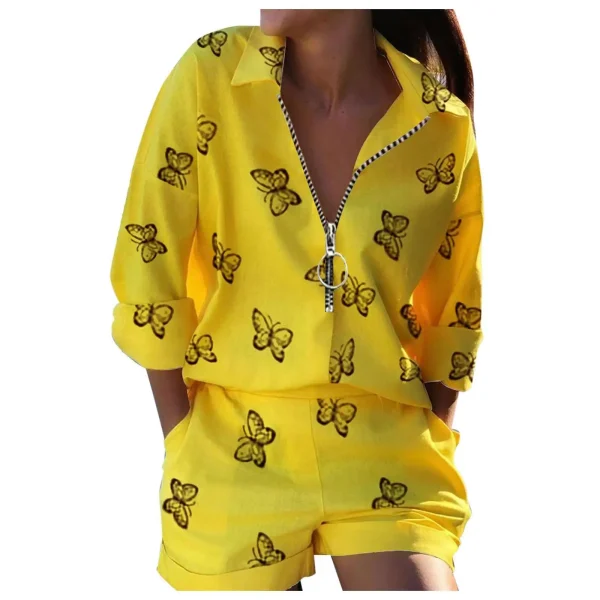 New Women's Casual 2-Piece Shorts Set Long-Sleeved Printed Zipper - Image 5