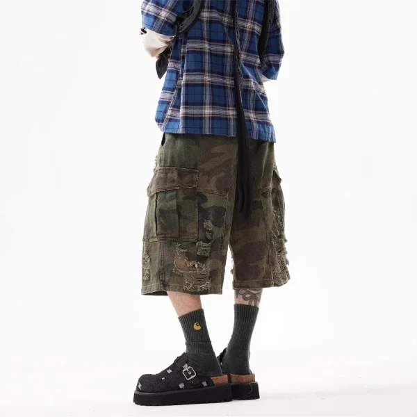 2025 American Retro Cropped Men's Denim Pants Washed Distressed Camouflage Casual Loose Wide-Leg Ripped Summer Mid Straight - Image 2