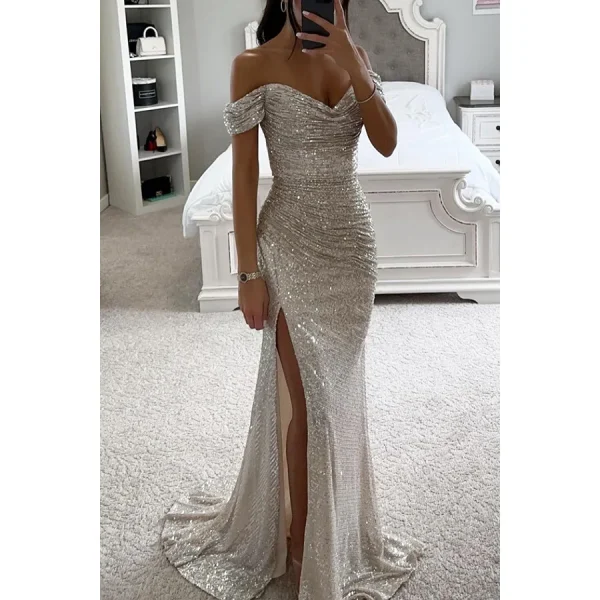 2025 INS Casual Fashion Cross-Border New European American Style Sequin Off-Shoulder Split Dress for Women Floor-Length Chiffon - Image 3