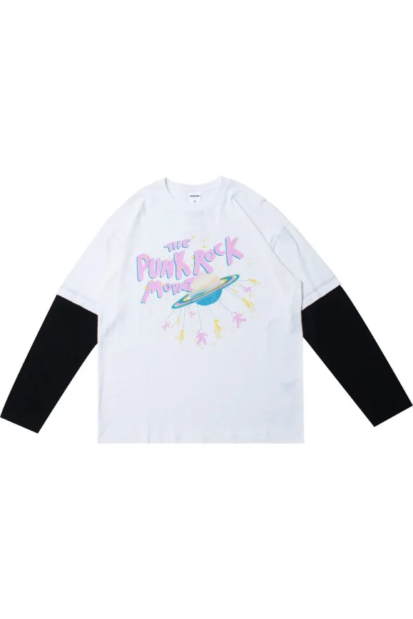 DTG Printed Long Sleeved Oversized Men's Retro Fashion Double-layer Patchwork Cotton T-shirt - Image 5