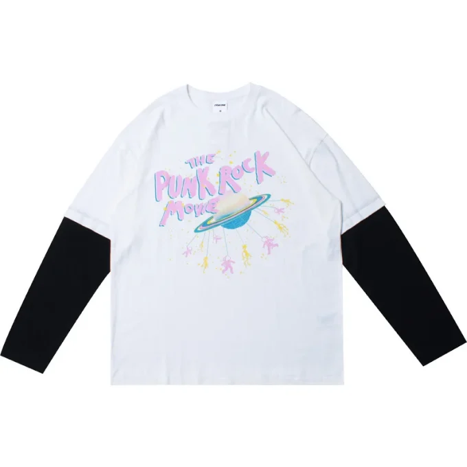 DTG Printed Long Sleeved Oversized Men's Retro Fashion Double-layer Patchwork Cotton T-shirt