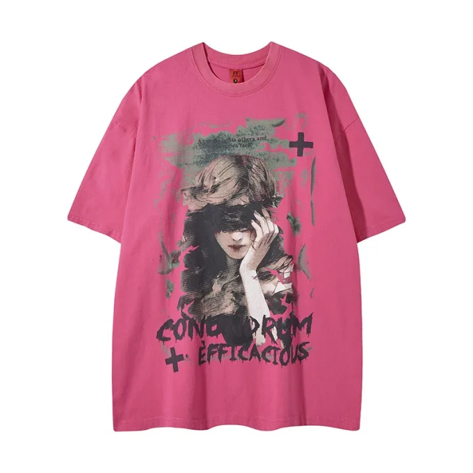 High Street Trendy Distressed Washed 100% Cotton T-Shirt Loose Fit Top Men's Short Sleeves Girl Pattern Printed O-Neck T-Shirt