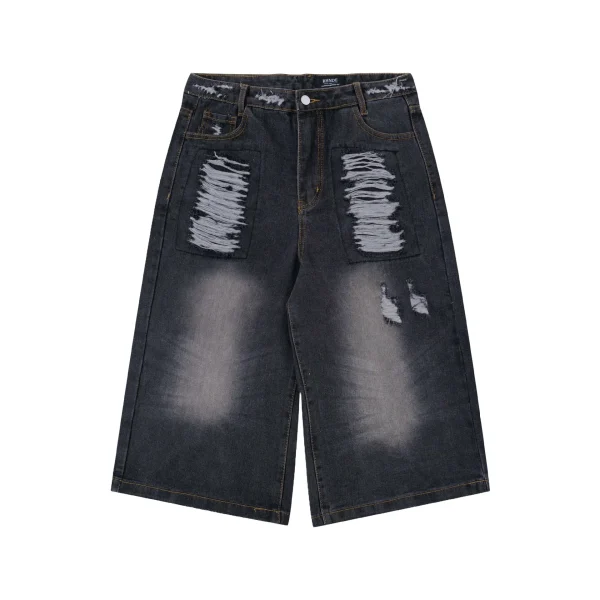 denim raw Edge Denim Jorts Diamond Rhinestone Long Straight Baggy Carpenter Double Waist Layer Y2k Jeans Shorts Men Jorts - Image 3
