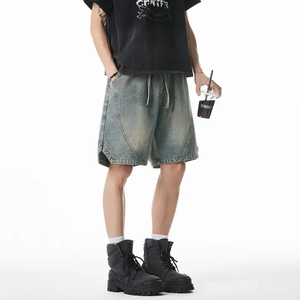 New American Retro Workwear Shorts for Men Five-Point Split Cut Design Washed Vintage Denim Summer Trendy Knitted - Image 3