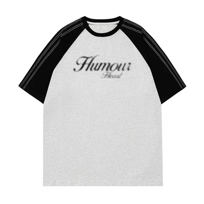 American Retro Color-Block Stitched Raglan Sleeve Short Sleeve T-Shirt for Men Summer Casual Loose New Fuzzy Dot Print 180g