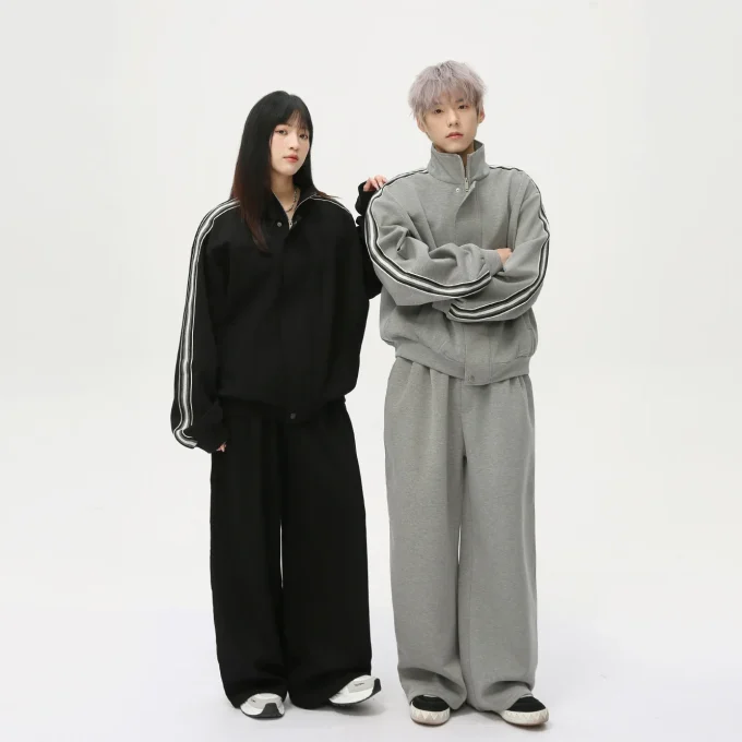 Men's Fashion New Casual Pants Zipper Jacket Side Stripe Color-Block Design Stand Collar Loose Fit Track Suit for Men