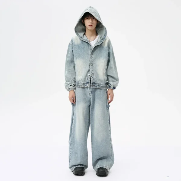Men Denim Set New Men's Clothing American Retro Hooded Jacket Solid Pattern Washed Denim Suit Loose Fit Knitted Fabric