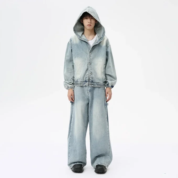 Men Denim Set New Men's Clothing American Retro Hooded Jacket Solid Pattern Washed Denim Suit Loose Fit Knitted Fabric