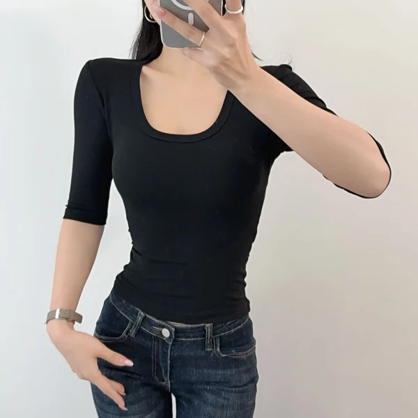 Sexy Low U-Neck Mid-Sleeve T-Shirt Elastic Slim Basic Simple Pure Color - Image 3