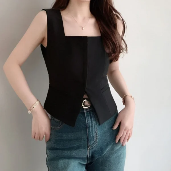Women's 2025 Summer Casual Sleeveless Vest with Square Neck New Design Sense Niche Hollow Out Split Fashion Top Black - Image 3