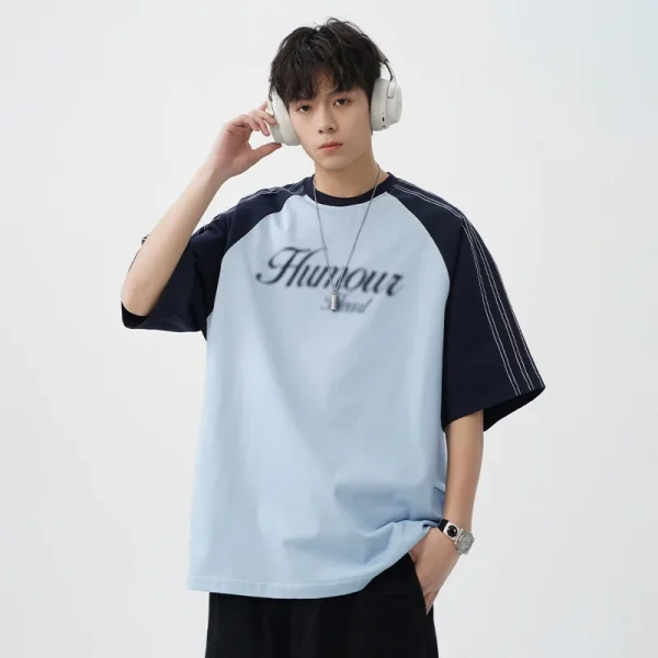 American Retro Color-Block Stitched Raglan Sleeve Short Sleeve T-Shirt for Men Summer Casual Loose New Fuzzy Dot Print 180g - Image 2