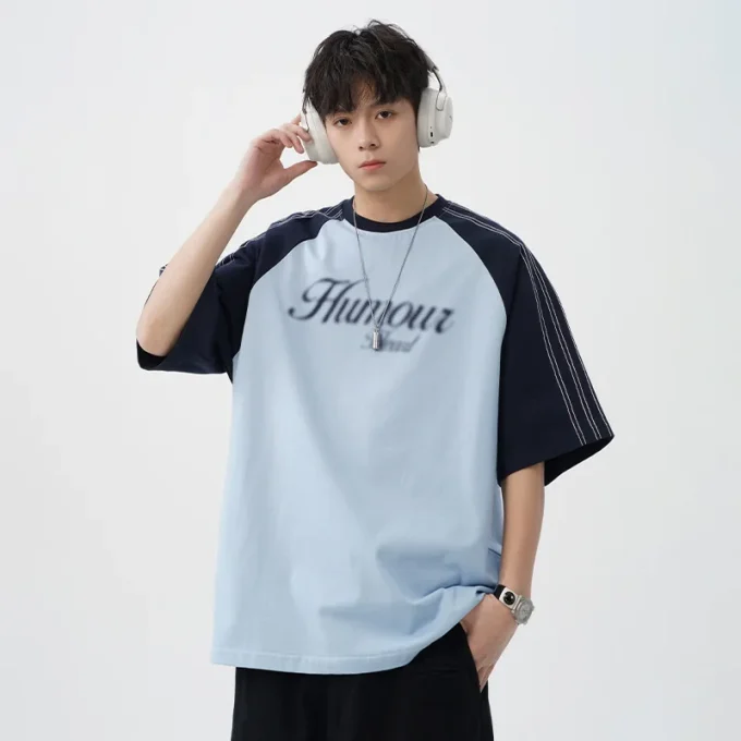 American Retro Color-Block Stitched Raglan Sleeve Short Sleeve T-Shirt for Men Summer Casual Loose New Fuzzy Dot Print 180g