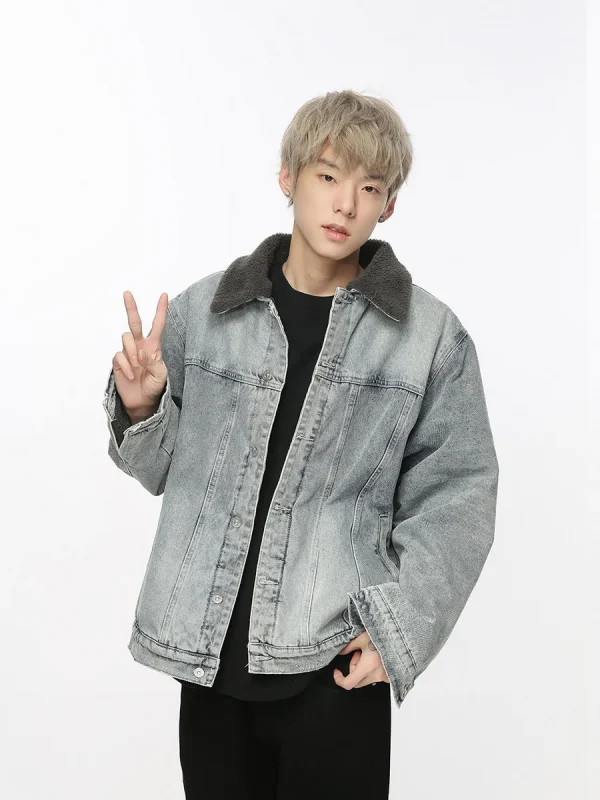 Denim Jacket Men's Winter Retro Splicing Lamb Wool Thickened Couple Style Jacket Jacket for Men - Image 3