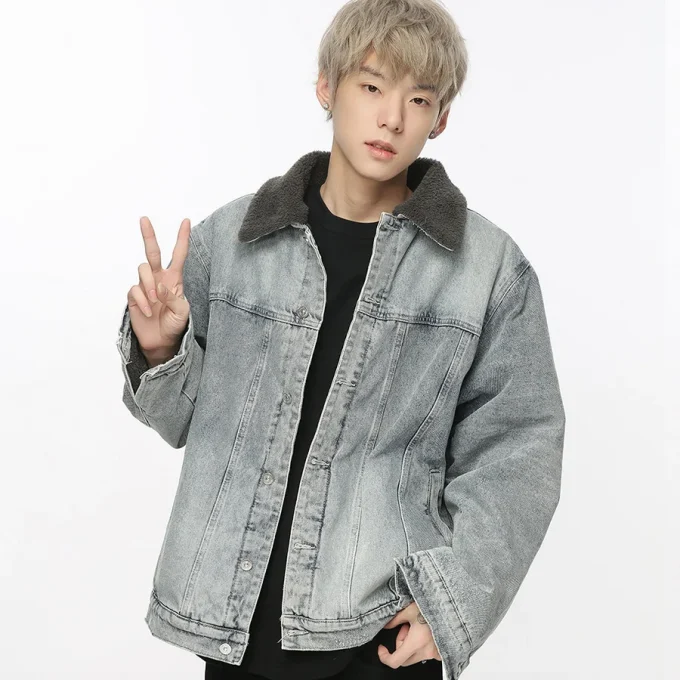 Denim Jacket Men's Winter Retro Splicing Lamb Wool Thickened Couple Style Jacket Jacket for Men