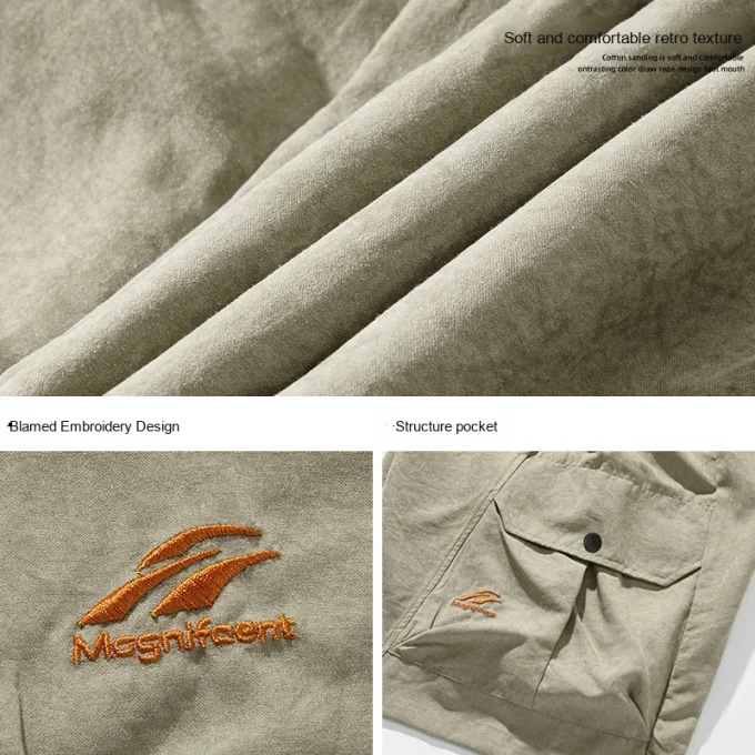 American Retro Trendy 3D Pocket Cargo Shorts for Men New Spring Summer Embroidered Casual Drawstring Five-Point Knee Length Mid