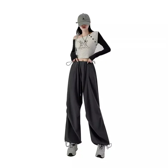 High-Waisted Straight Casual Sport Pants Elastic Waist Spring Autumn Loose Canvas Trousers Anti-Pilling High-Waisted Cargo