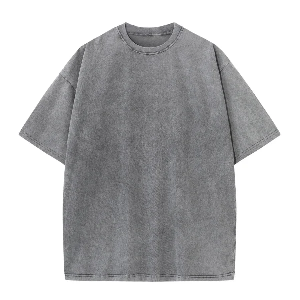Washed Distressed 100% Cotton T-Shirt Trendy Retro Loose Fit O-Neck T-Shirt Snow Wash Drop Shoulder Knitted Oversize - Image 2