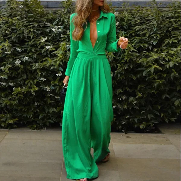 Women's Casual Fashion Two-Piece Set Stylish Solid Color Shirt Loose Long Pants - Image 4