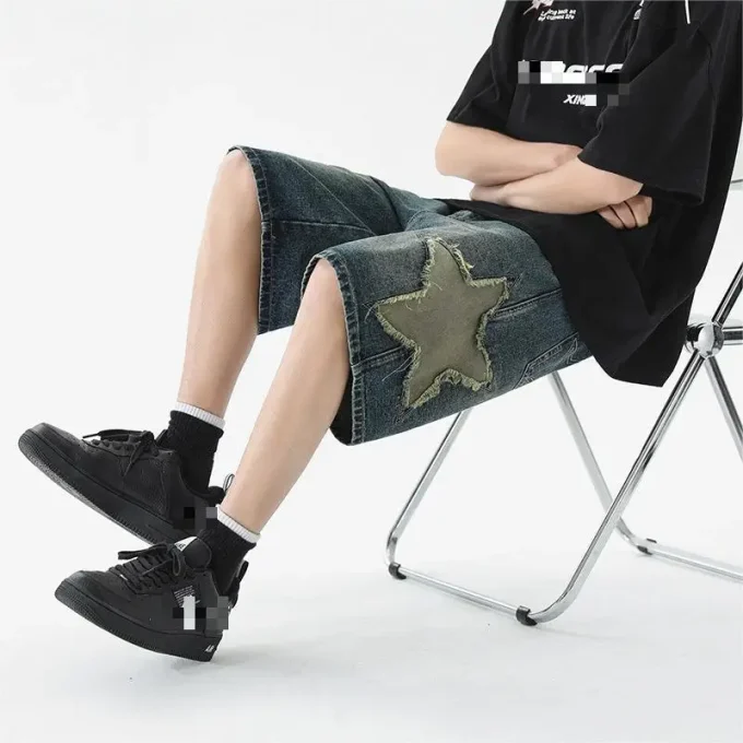 Bermuda Streetwear Distressed Star Embroidery Denim Jean Cotton Baggy Shorts for Mens