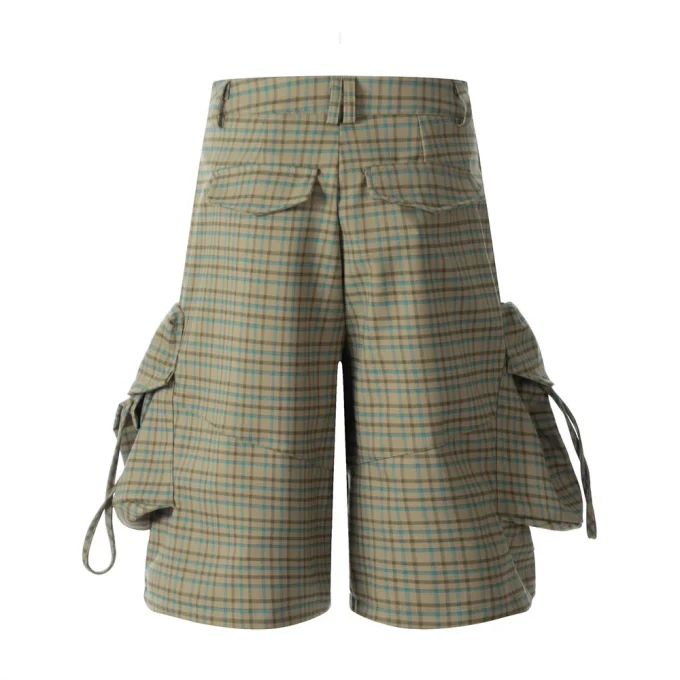 Loose Plaid 3D Pocket Cargo Men Shorts European American High Streetpants Vibe Design Wide Leg Five-Point Casual Knitted Pants - Image 2