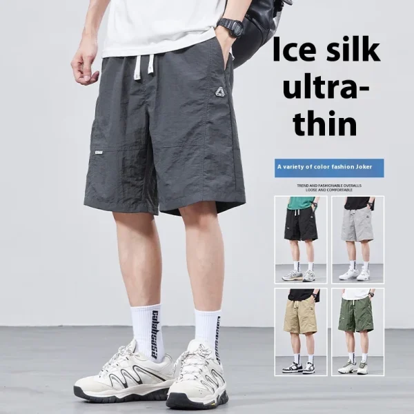 Men's Trendy Loose Sports Denim Cargo Shorts Quick-Dry Five-Point New Ice Silk Cool Solid 100% Polyester Mid Casual