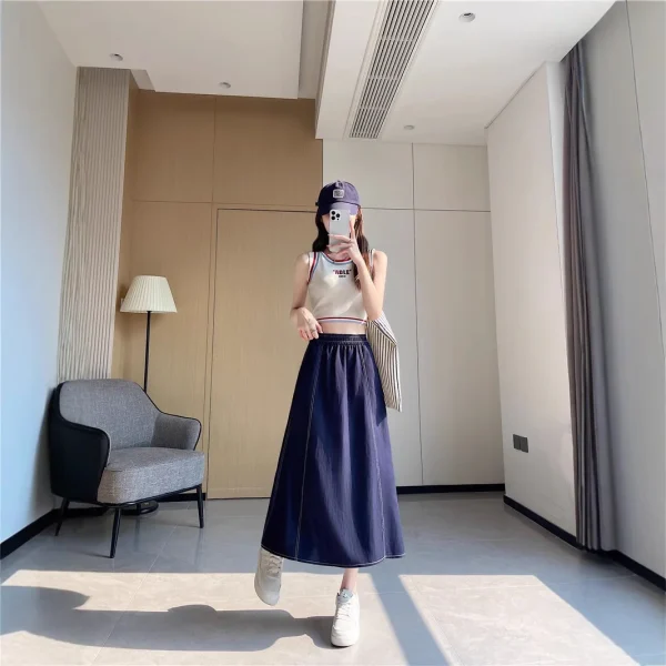 Summer Vintage Versatile Korean Style A-Line Skirt Midi College Wind Stitched Decoration Slimming Loose Pocket Denim New - Image 4