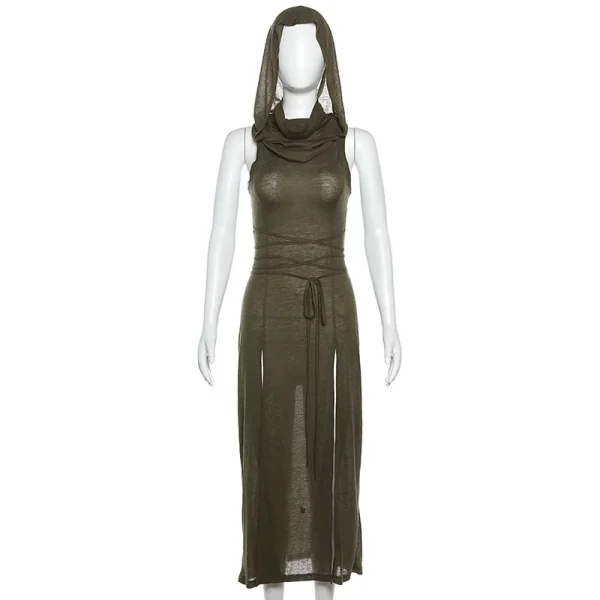 2025 Summer European American Trendy Women's Dress New Hooded Loose Hem Slit Solid Pattern Casual Style Front Natural - Image 5