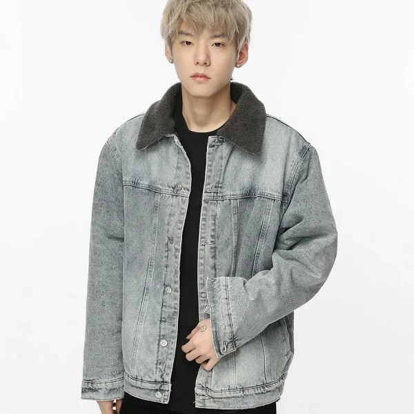 Denim Jacket Men's Winter Retro Splicing Lamb Wool Thickened Couple Style Jacket Jacket for Men