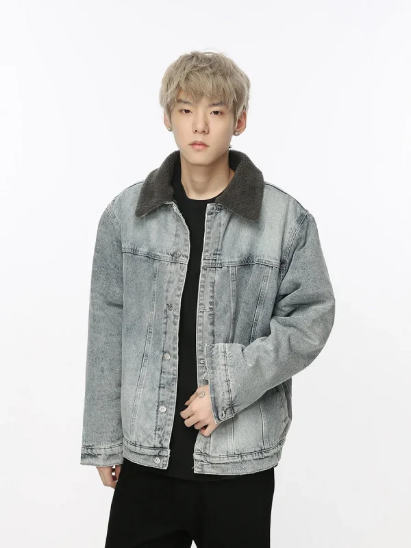 Denim Jacket Men's Winter Retro Splicing Lamb Wool Thickened Couple Style Jacket Jacket for Men - Image 2