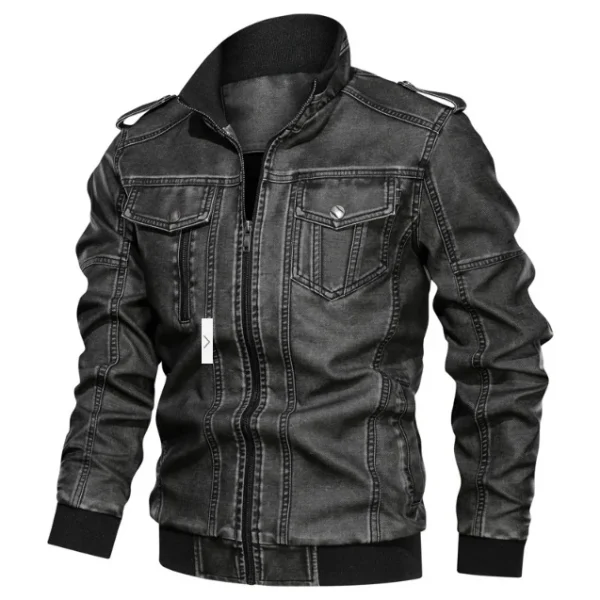 Washed Old Motorcycle Leather Jacket Men's Large Size Jacket Plain Dyed Euramerican Style Men's PU Stand 100% Polyester Knitted