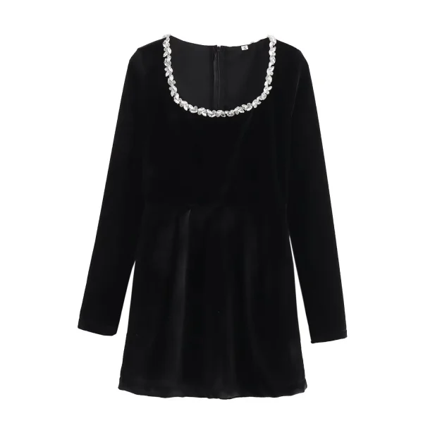 2025 European American Women's Cross-Border Holiday Banquet Dress Velvet Slim-Fitting Diamond Fashion Long-Sleeved Hepburn Style - Image 5