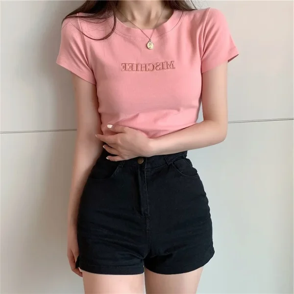 Summer New Korean Letter Embroidered Slim Short-Sleeved T-Shirt - Image 4