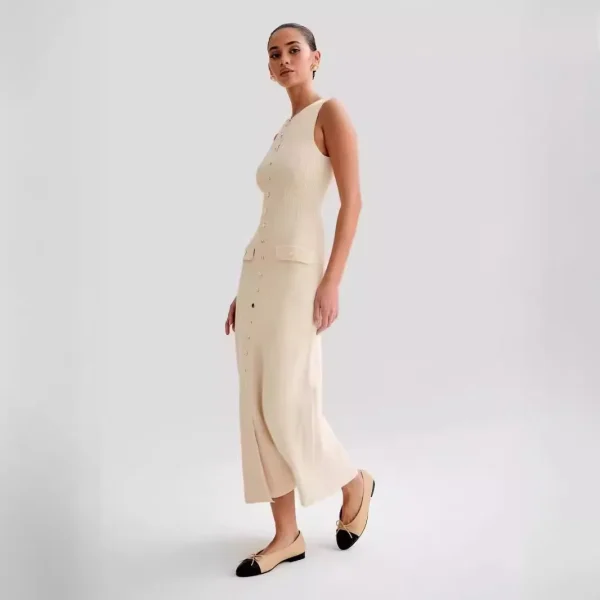2025 Summer New Elegant Slim Knitted Dress European American Style Casual Neck Sleeveless Front Woven Chiffon Washable - Image 2