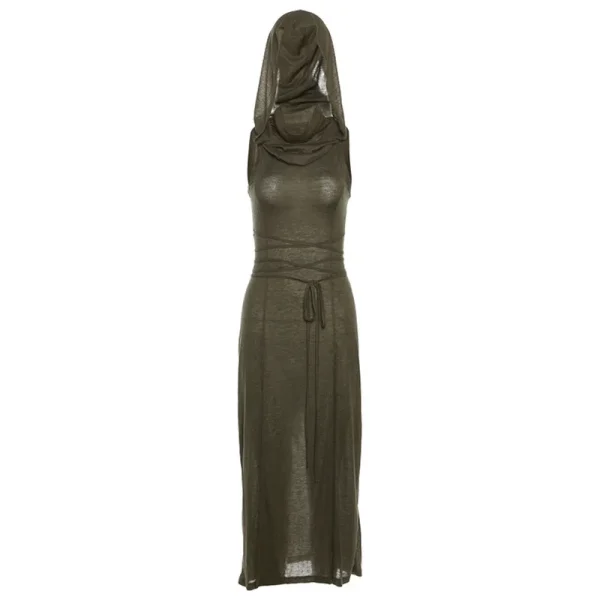 2025 Summer European American Trendy Women's Dress New Hooded Loose Hem Slit Solid Pattern Casual Style Front Natural - Image 6