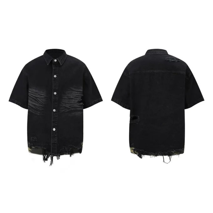 Fashionable Cut-Edge Stitching Leopard Print Japanese Style Denim Shirt and Shorts Sets Men's Casual  Half-Sleeved Clothing Suit