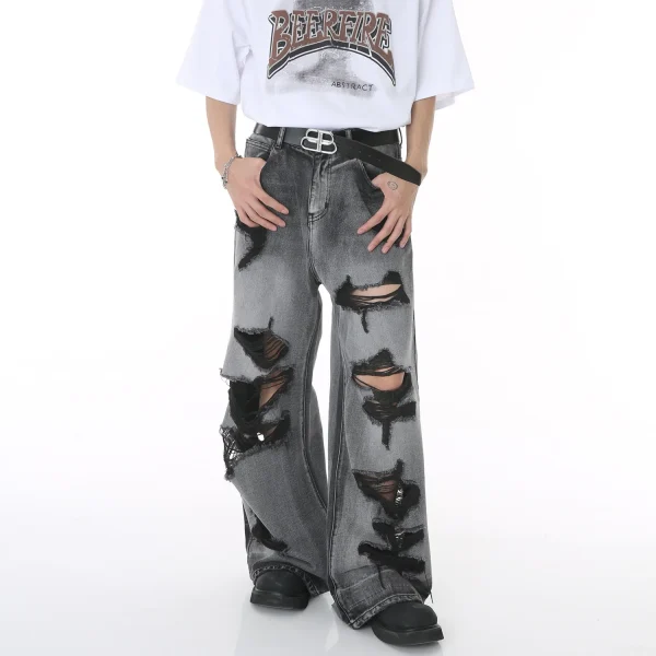 2025 Summer New High Street Men's Clothing Hole Beggar's Hip Hop Wide Mop Denim Pants Woven Loose Fit Washed Technics Jeans