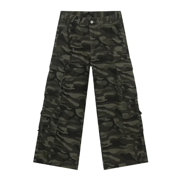2025 Men's Casual High Waist Straight Draped Washed Jeans Autumn Camouflage Multi-Flap Pocket Pants Solid Pattern Denim Fabric