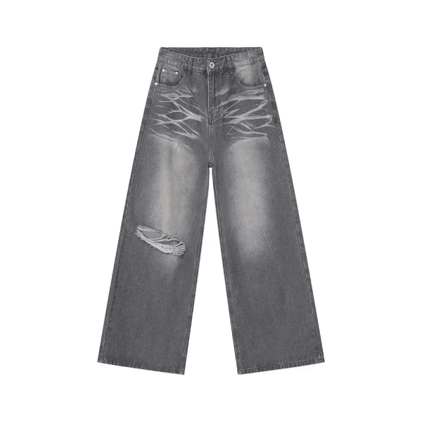 2025 Summer Men's Fashion New Vintage Washed Distressed Straight Wide-Leg Baggy Floor-Length Jeans Gray Denim Fabric - Image 6