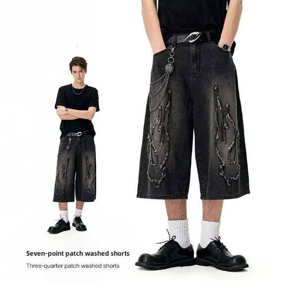 Men's Baggy Pants 2025 Spring Summer Collection Retro American Casual Shorts Three-Point Patch Washed Jeans Knitted Weave
