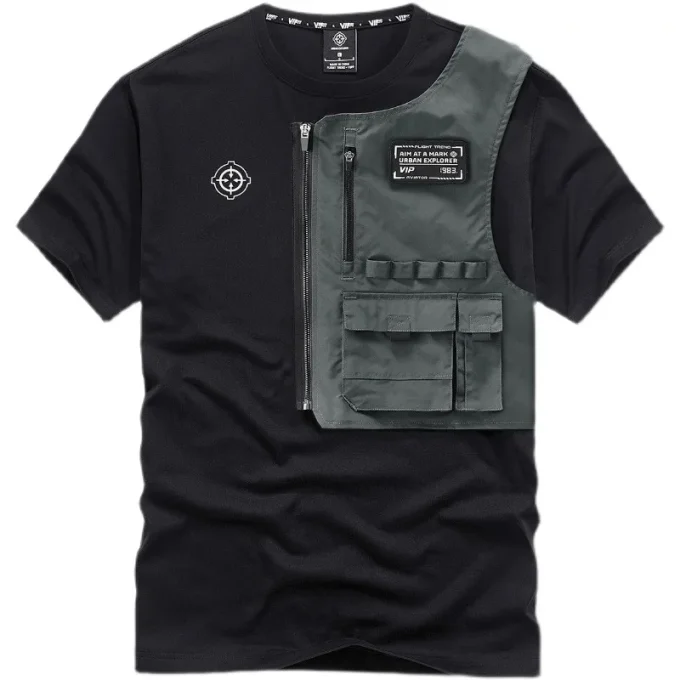 Hot Sale Oversize Patchwork Tops Multi Pocket Cotton Men's T-Shirts