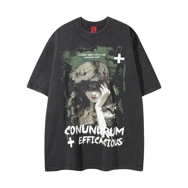 High Street Trendy Distressed Washed 100% Cotton T-Shirt Loose Fit Top Men's Short Sleeves Girl Pattern Printed O-Neck T-Shirt