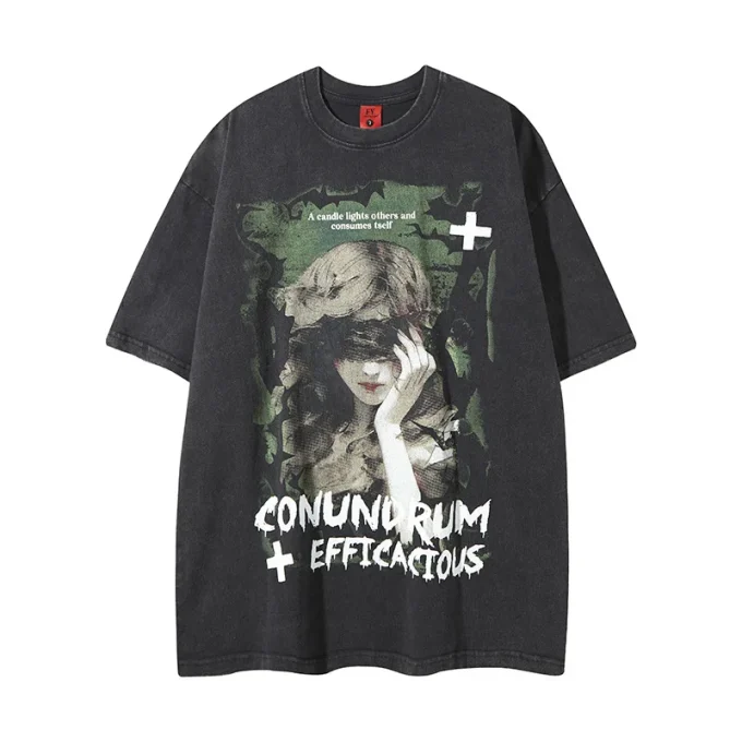 High Street Trendy Distressed Washed 100% Cotton T-Shirt Loose Fit Top Men's Short Sleeves Girl Pattern Printed O-Neck T-Shirt